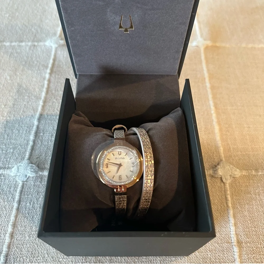 NWT Bulova | $1020 Diamond Rose Gold Rhapsody Wrap Around Leather Bracelet $1020